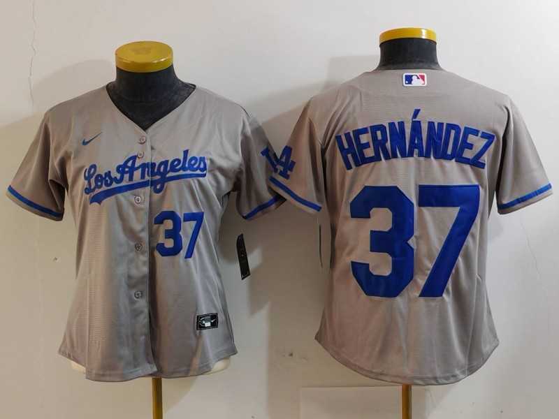 Womens Los Angeles Dodgers #37 Teoscar Hernandez Number Grey With Los Cool Base Stitched Jerseys